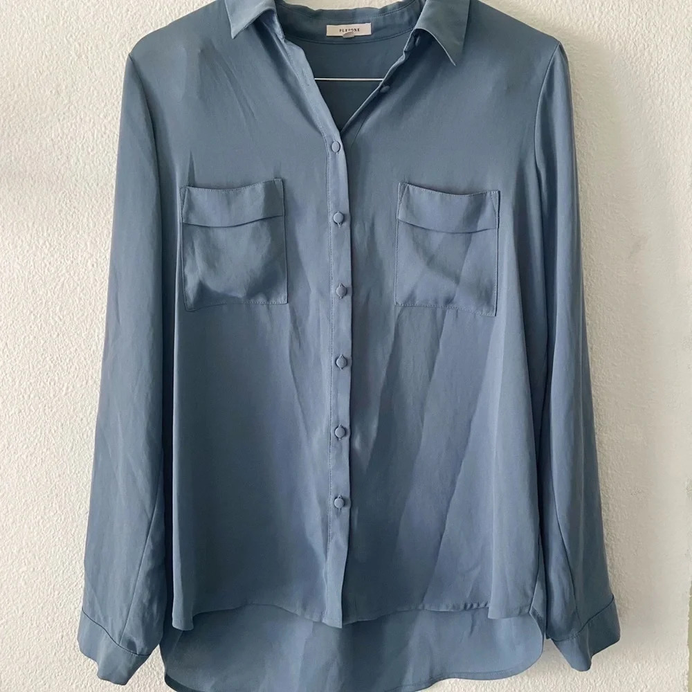 Anthropologie Pleione Blue Utility Blouse Button Up Quiet Luxury Minimalist M - Picture 2 of 11